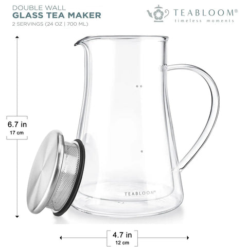 Top Tier Double Walled Insulated Teapot That Keeps Your Daily Brew Sizzling Hot With Slick Stainless Steel Filter Lid For Loose Leaf Tea And Tea Maker For Two Crew Who Want Zero Clutter, 24 oz glass tea maker with mesh strainer.