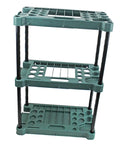 Heavy Badass Broom And Mop Organizer Rock Solid Corner Rack with polypropylene shelves and reinforced iron frame, for cleaning tools.