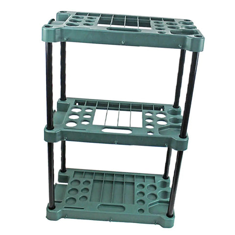 Heavy Badass Broom And Mop Organizer Rock Solid Corner Rack with polypropylene shelves and reinforced iron frame, for cleaning tools.