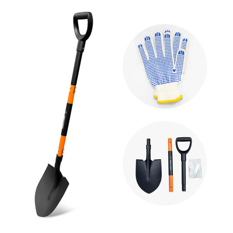 Heavy Duty Garden Shovel With 47 Inch Detachable D Handle And Anti Slip Grip, Steel Blade With Gloves And Shovel Parts Displayed