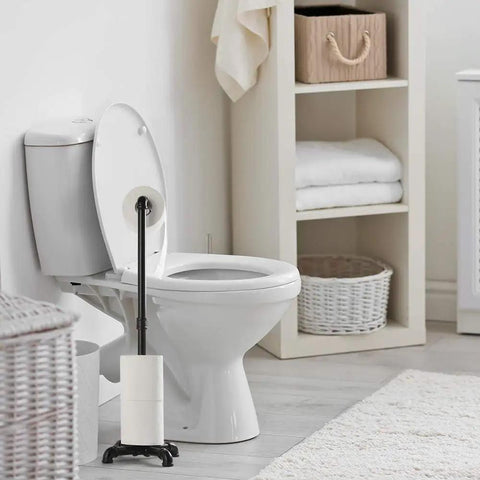 Beefy Industrial Black Free Standing Toilet Paper Holder Dispenser For Bathroom Metal Pipe Style Tissue Stand With Storage