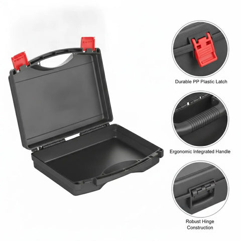 Grab And Go Portable Plastic Tool Box With Integrated Handle For One Hand Carry, open black container with red latches