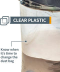 Close-up of a clear plastic dust bag in use, showing visibility of woodworking debris. Heavy Duty Clear Dust Collection Bags 20 Inch By 43 Inch, 5 Mil Thick, 5 Pack Replacement Bags For Dust Collector With 20 Inch Filter Drum, Pro Grade For Woodworking Debris And Large Dust Particles.
