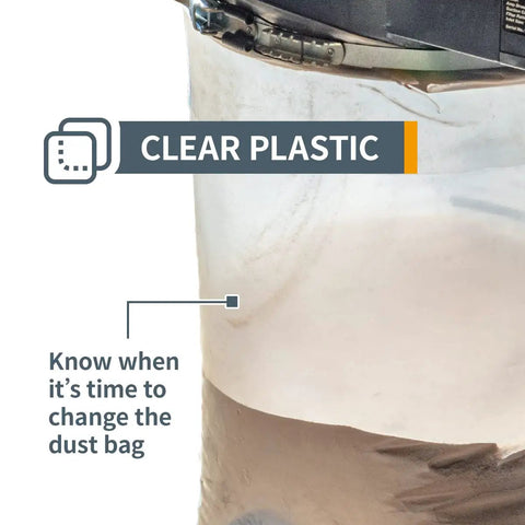 Close-up of a clear plastic dust bag in use, showing visibility of woodworking debris. Heavy Duty Clear Dust Collection Bags 20 Inch By 43 Inch, 5 Mil Thick, 5 Pack Replacement Bags For Dust Collector With 20 Inch Filter Drum, Pro Grade For Woodworking Debris And Large Dust Particles.