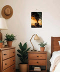 Vintage Steam Locomotive Sunset Aluminum Metal Sign Eight By Twelve Inch Dope Retro Railway Wall Art in a cozy bedroom setting