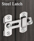 Stainless Steel Slide Bolt Door Lock offering 90 Degree Rotation on dark wood surface for secure installation.