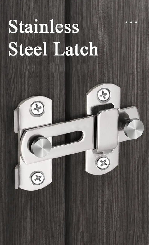 Stainless Steel Slide Bolt Door Lock offering 90 Degree Rotation on dark wood surface for secure installation.