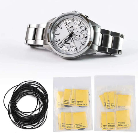 Pro Grade Rubber Watch Gasket Set For 16mm To 34mm Cases, 10 Sizes With 0.5mm And 0.6mm Thickness next to a chronograph watch