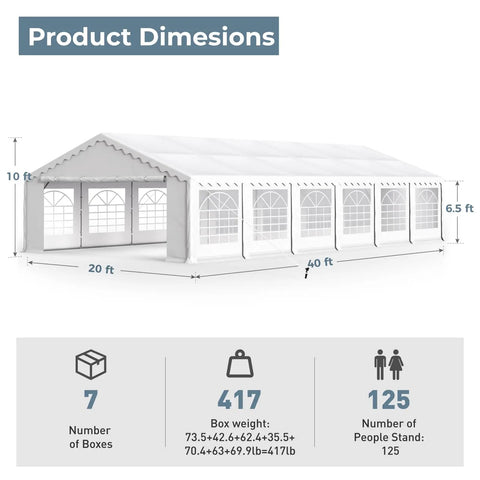 Heavy Duty 20x40 Ft Party Tent With Removable Sidewalls, 7 Carry Bags, shown with dimensions and capacity details.