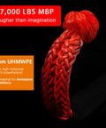 Close-up of Soft Shackle One Half Inch by Twenty Two Inch Recovery Rope, red UHMWPE fibers, 57,000 lbs strength, synthetic weave