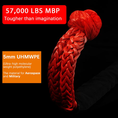 Close-up of Soft Shackle One Half Inch by Twenty Two Inch Recovery Rope, red UHMWPE fibers, 57,000 lbs strength, synthetic weave