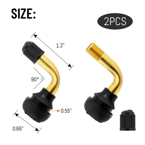 2 Pack Angled Valve Stems 90 Degree Brass Valve With Snap In Rubber Base For Tubeless Tire Rims On Motorcycle Scooter ATV 10.3mm Diameter