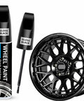 Gloss Black Rim Touch Up Paint And Wheel Scratch Repair Kit For Curb Rash Quick Dry Auto Wheel Refinisher For Fast No Mess Curb Rash Fixes With Dope Mirror Shine featuring paint pen and wheel.