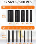 900 Piece Wire Heat Shrink Tubing Kit For Wires Industrial Grade Two To One Shrink Ratio Marine Grade Waterproof Electrical Tubing Black 12 Sizes Heavy Duty Insulation For Harnesses And Electrical Connections display of tubing sizes and quantities
