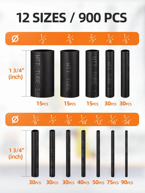 900 Piece Wire Heat Shrink Tubing Kit For Wires Industrial Grade Two To One Shrink Ratio Marine Grade Waterproof Electrical Tubing Black 12 Sizes Heavy Duty Insulation For Harnesses And Electrical Connections display of tubing sizes and quantities