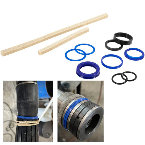 Rotary Lift hydraulic seal kit with blue and black O-rings and two wooden rods; installed on a shaft