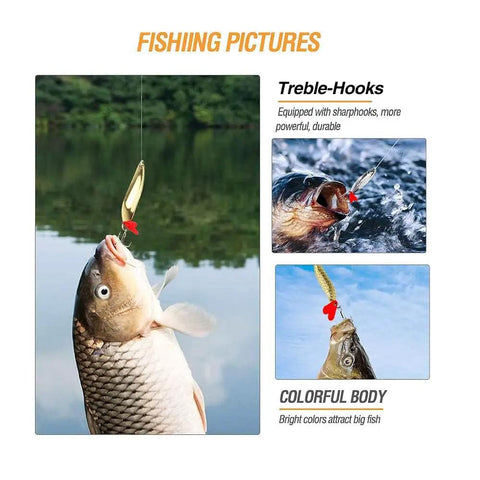 Metal Spoon Fishing Lures Set 16 Pack Saltwater Tackle With Treble Hooks Spinner Lures used by fisherman catching a fish.