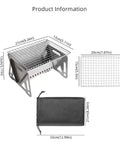Portable Foldable BBQ Grill With Carry Bag For One To Two People, dimensions and components displayed