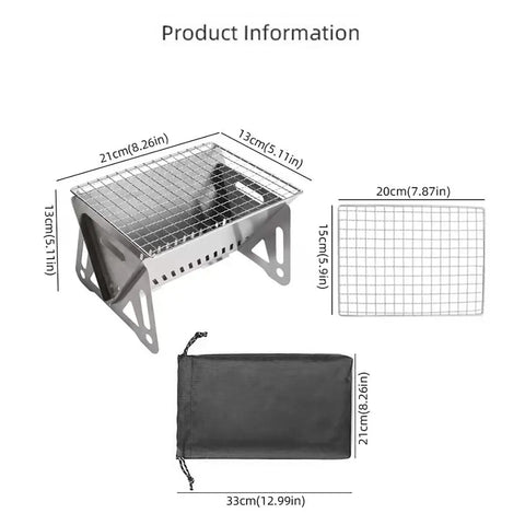 Portable Foldable BBQ Grill With Carry Bag For One To Two People, dimensions and components displayed