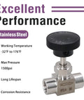 Needle Valve 1 Quarter Inch NPT Female Thread Hydraulic Flow Control Valve, 304 Stainless Steel Metering Valve For Water Gas Oil Steam, Precision Handwheel, 1500 PSI Flow Adjustment For Hydraulic And Pneumatic Systems - Stainless Steel with specs.