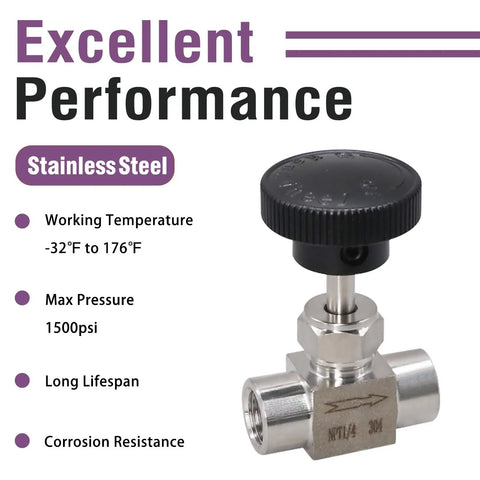 Needle Valve 1 Quarter Inch NPT Female Thread Hydraulic Flow Control Valve, 304 Stainless Steel Metering Valve For Water Gas Oil Steam, Precision Handwheel, 1500 PSI Flow Adjustment For Hydraulic And Pneumatic Systems - Stainless Steel with specs.