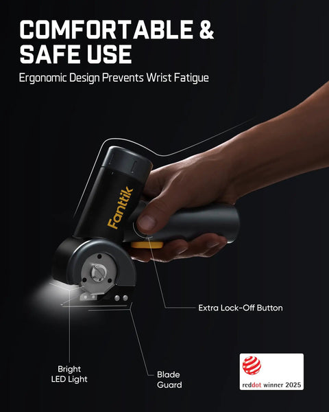 Fanttik C8 Nano Cordless Box Cutter, ergonomic design with bright LED light, blade guard, and extra lock-off button.