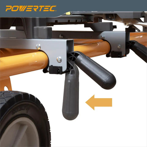 Close-up of Portable Miter Saw Stand With Quick Release Mounting Brackets 330 Lb Load Capacity 8 In Wheels Three Prong Outlets