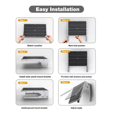 Easy installation steps for the adjustable solar panel tilt mount for 20W to 30W panels on RV roofs.