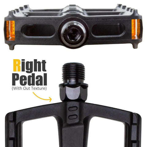 Close-up view of right 9/16 inch bike pedal with smooth EPB bearing system, lightweight black resin for city cruising and mountain trails.