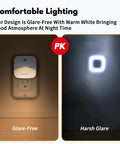 Comparison of Plug In Night Lights With Dusk To Dawn Sensor, Auto On Off, Warm White Glow for glare-free versus harsh glare lighting.