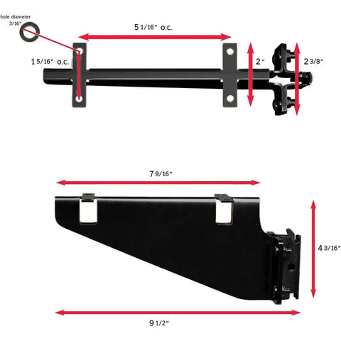 Dimensions of Heavy Duty E Track Accessory Kit 14 Piece For Trailers And Trucks, showing bracket sizes and measurements.
