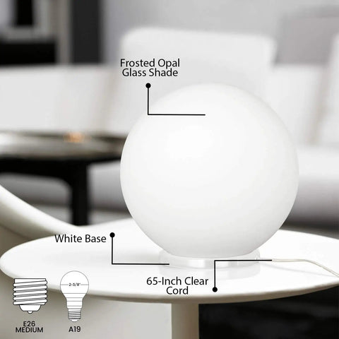 Rondo Round Table Lamp With Glass Ball Shade For Living Room Bedroom Dorm Or Office 60W 8 Inch White Frosted Opal Globe Light