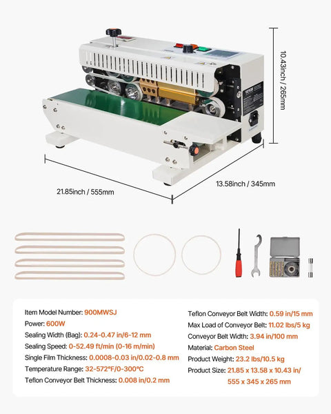 Pro Grade Continuous Band Sealer Machine With Digital Temperature Control For 0.02 To 0.08 Mm Plastic Bags Horizontal Sealer With Printing Function On Conveyor.