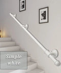 No Sweat Install White Wrought Iron Handrail And Banister Bracket Kit 14 Foot Support Rod on indoor stairs.