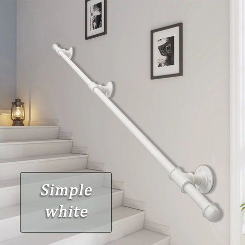 No Sweat Install White Wrought Iron Handrail And Banister Bracket Kit 14 Foot Support Rod on indoor stairs.