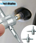 4 In 1 Tire Valve Core Removal Tool Set With 4 Way Universal Wrench in use on a tire valve for fast deflation and re-tapping