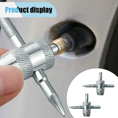 4 In 1 Tire Valve Core Removal Tool Set With 4 Way Universal Wrench in use on a tire valve for fast deflation and re-tapping