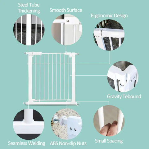 Walk Through Baby Gate For Narrow Doorways With Auto Close Pressure Mounted White Metal Safety Gate with design features.