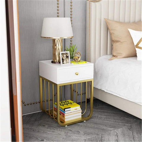 Sleek Metal Bedside Table With One Drawer Smooth Nightstand And Sofa Side Cabinet For Modern Bedroom Tight Storage Clean Lines Hassle Free Wipe Down Finish Rock Solid Build Quality with lamp and decor.