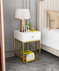 Sturdy Metal Frame Nightstand Featuring One Spacious Drawer Modern Bedside Table And Hella Solid Sofa Side Storage Cabinet in white and gold finish.
