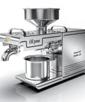 This automatic electric oil press machine with stainless steel design for home chefs, features a container for extracted oil.