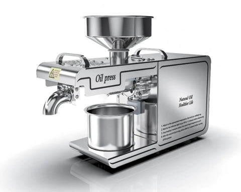 This automatic electric oil press machine with stainless steel design for home chefs, features a container for extracted oil.