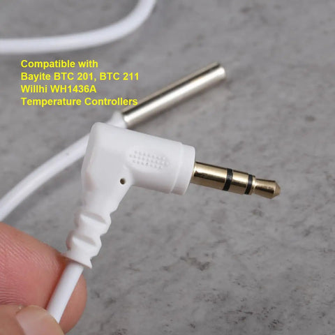 Close-up of NTC 10K Temperature Probe Sensor with 3.5mm audio plug and 9.8ft cable for temperature controllers on gray background.