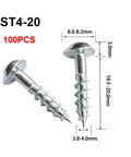 Beefy Woodworking Oblique Hole Self Tapping Screws Galvanized For Pocket Hole Jigs ST4 20 100 Pcs with measurements shown