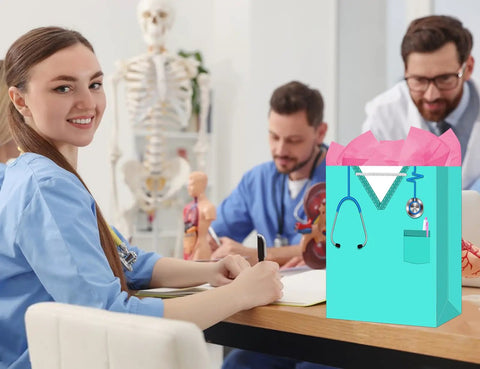 Medical students in classroom with 13 Inch Nurse Graduation Gift Bag With Tissue Paper And Handle For Women Gift Ready Large Medical School Celebration Bag