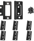 Eight Piece Set Of Two Inch Non Mortise Door Hinges Rock Solid Iron Construction Black Finish with screws for installation.