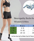 Woman wearing pain relief compression socks for women and men, soothe neuropathy symptoms and plantar fasciitis, L/XL size chart.