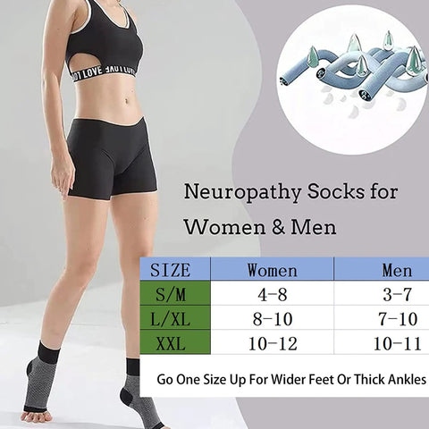 Woman wearing pain relief compression socks for women and men, soothe neuropathy symptoms and plantar fasciitis, L/XL size chart.