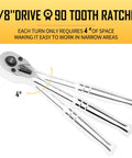 Three Eighth Inch Drive Ratchet With 90-Tooth Quick Release, Four Degree Swing, Reversible Handle, Chrome Alloy Finish, Pro Grade Chrome Vanadium Build, Durable And Easy To Clean For Auto, Home, And DIY Repairs, 3/8-inch drive ratchet