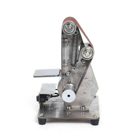 Electric Mini Belt Sander Heavy Benchtop Grinder And Polisher Sporting 9000Rpm Adjustable Speed front view, aluminum body, compact design.
